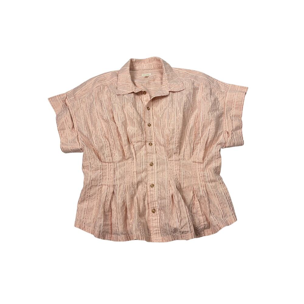 Pilcro pink metallic stripe short sleeve shirt, cinch waist. Size L. office